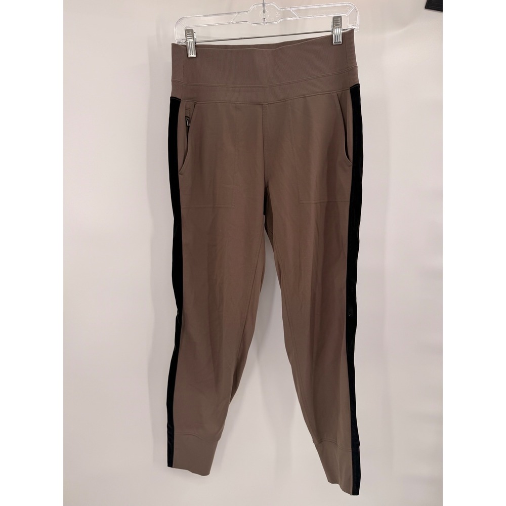 Athleta Venice Velvet Stripe Jogger Women Small Brown Black Side Tape Zip Pocket - Picture 2 of 7